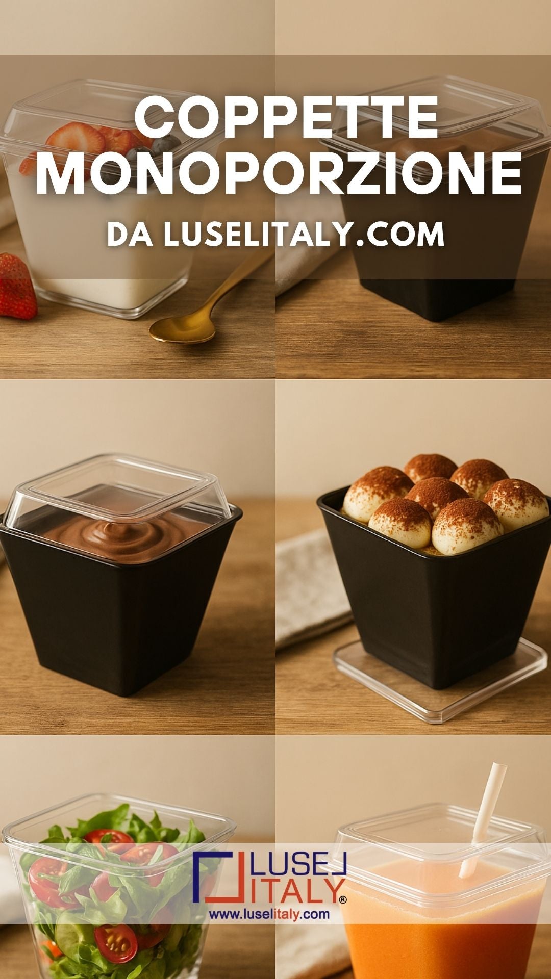 Pz 50 coppette nere monoporzione base quadrata per dessert, dolci, mousse con base trasparente