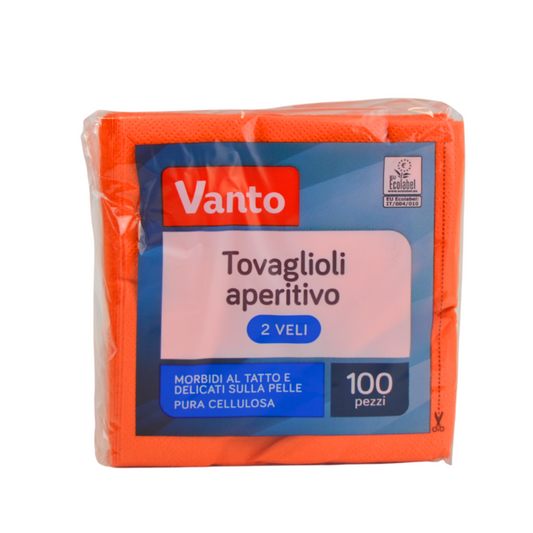 Pz 100 tovaglioli 25x25 in pura cellulosa arancione 2 veli per ristoranti, cocktail bar, aperitivi e feste