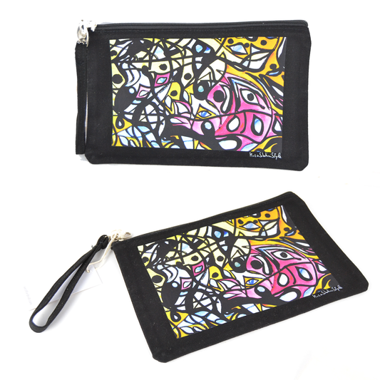 Set 1 shopper in tela stampa astratta + 1 pochette in tessuto beauty case borsetta