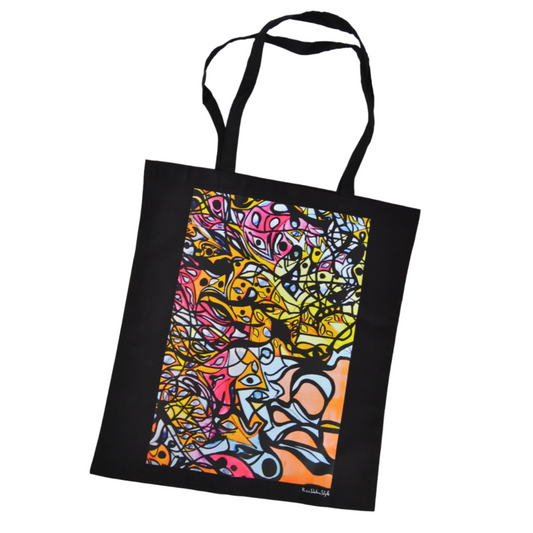 Pz 1 shopper in tela nera con manici borsa stampa artistica astratta colorata CELLUBAG
