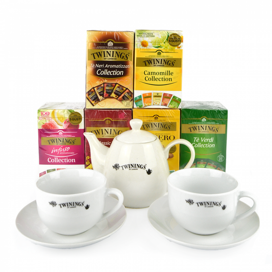1 scatola da 12 scomparti + 2 tazzine + 1 teiera + 120 bustine di the, tisane e camomille