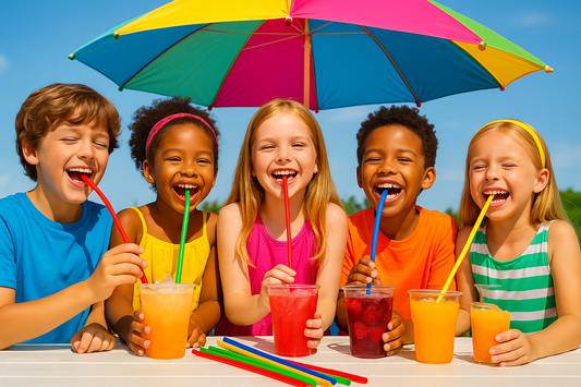 Un gruppo di bambini felici beve bibite colorate con cannucce BIO-ECO riutilizzabili sotto un grande ombrellone multicolore, creando un’atmosfera estiva, allegra e sostenibile