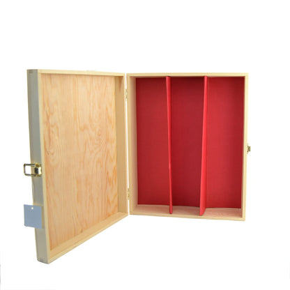 1 scatola porta vino in legno (x 3 bottiglie) cassetta con chiusura  divisorio in cartone rosso