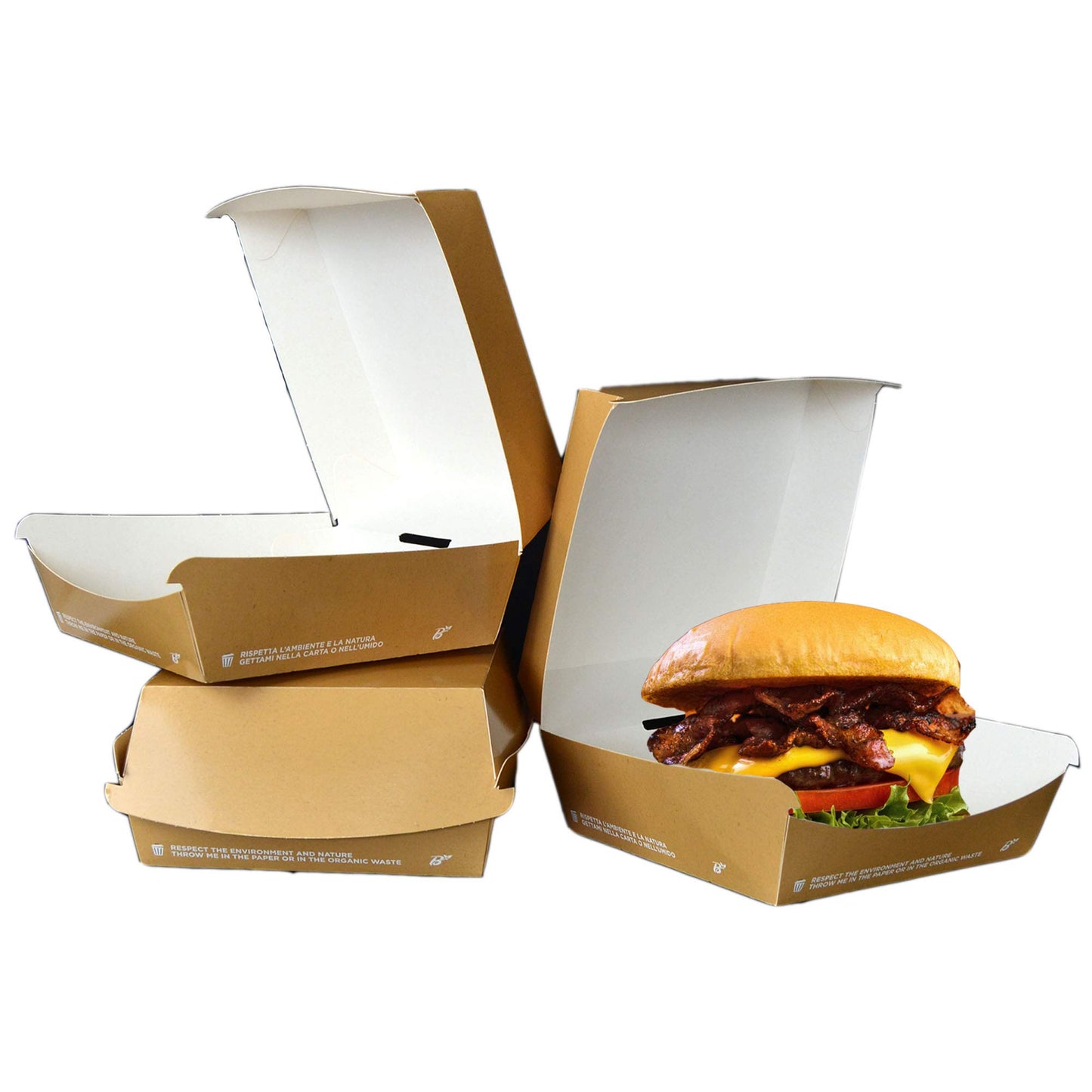 Pz 50 Box in carta kraft marrone per asporto di alimenti come hamburger, burger, patatine, panini