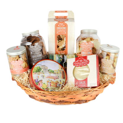 cesto natalizio con mix di cialde montecatini, cantucci, brigidini al cacao e brigidini all'anice per regalo natale, cesto regalo gift