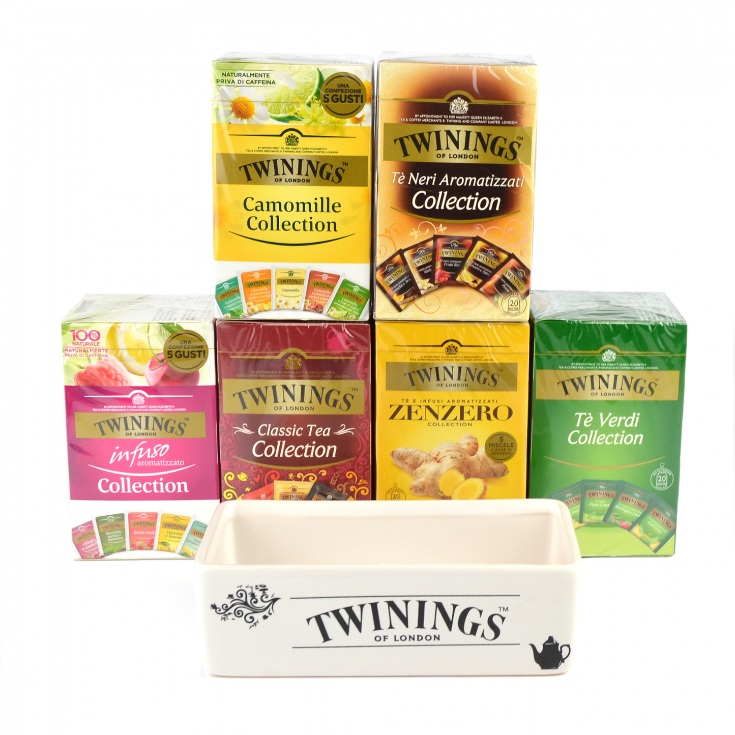 250 bustine assortimento di the e tisane twinings con caddy in ceramica