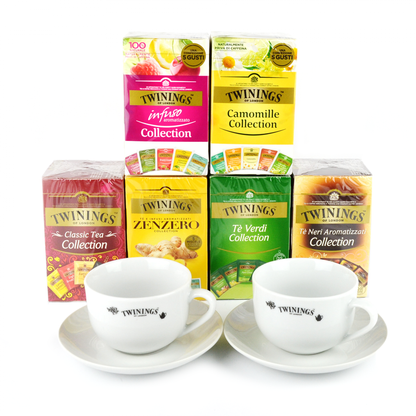 250 bustine assortimento di the e tisane twinings con 2 tazze in ceramica